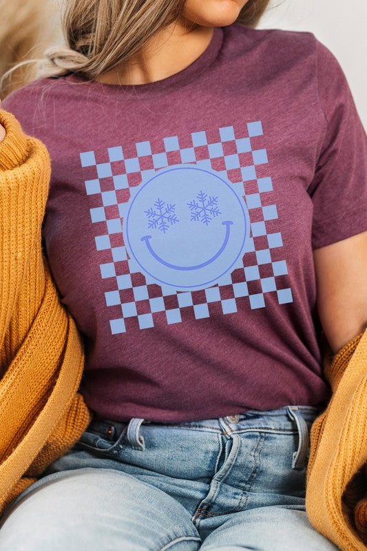 Snowflake Smiley Face Checker Winter Graphic Tee T-Shirt