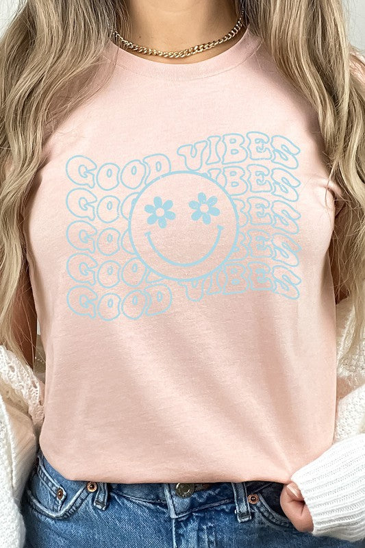 Good Vibes Flower Eyes Smiley Summer Graphic Tee T-Shirt