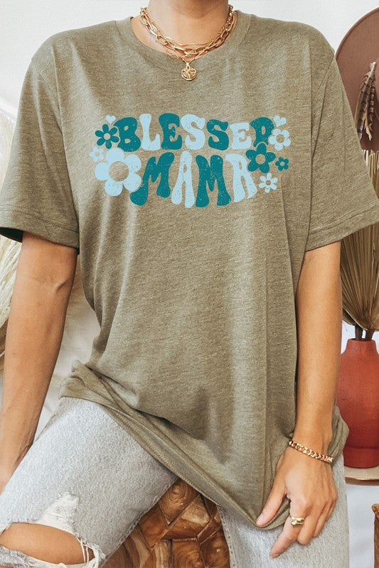 Floral Heart Groovy Blessed Mama Graphic Tee T-Shirt