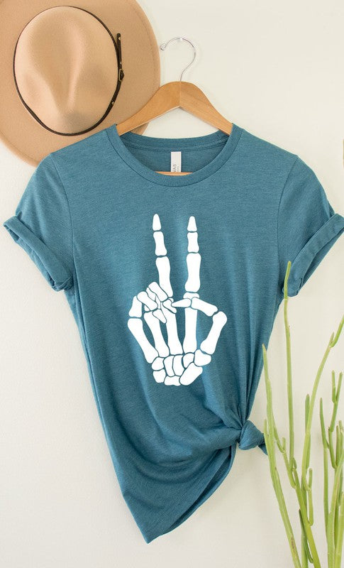 Skeleton Peace Sign Graphic Tee T-Shirt