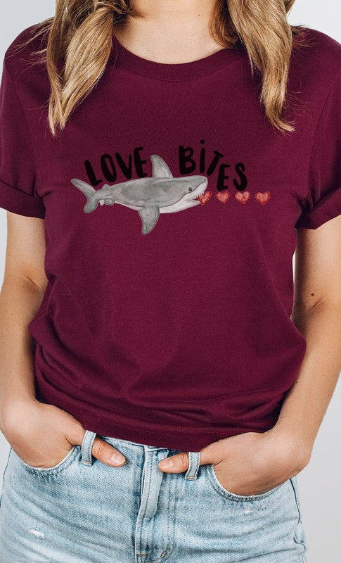 Love Bites Heart Eating Shark Graphic Tee T-Shirt