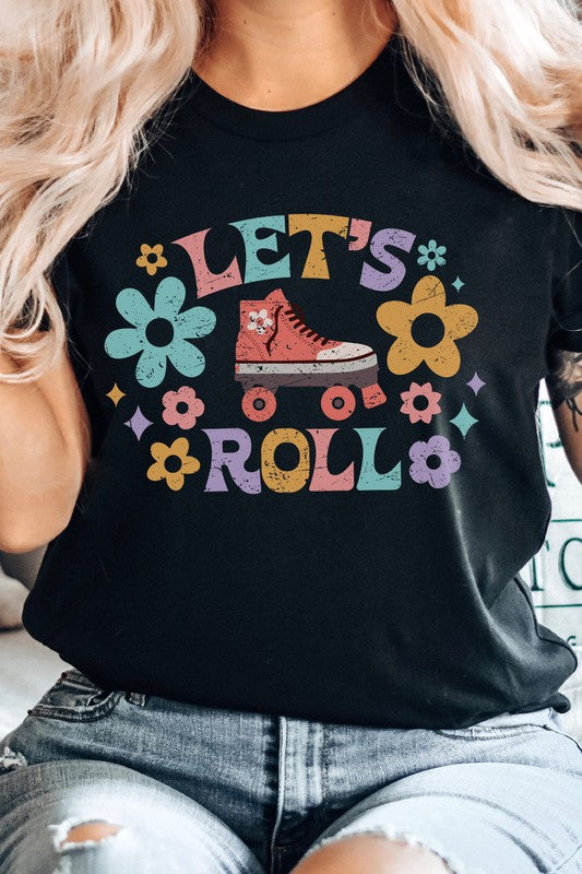 Lets Roll High top Roller Skate Floral Graphic Tee T-Shirt