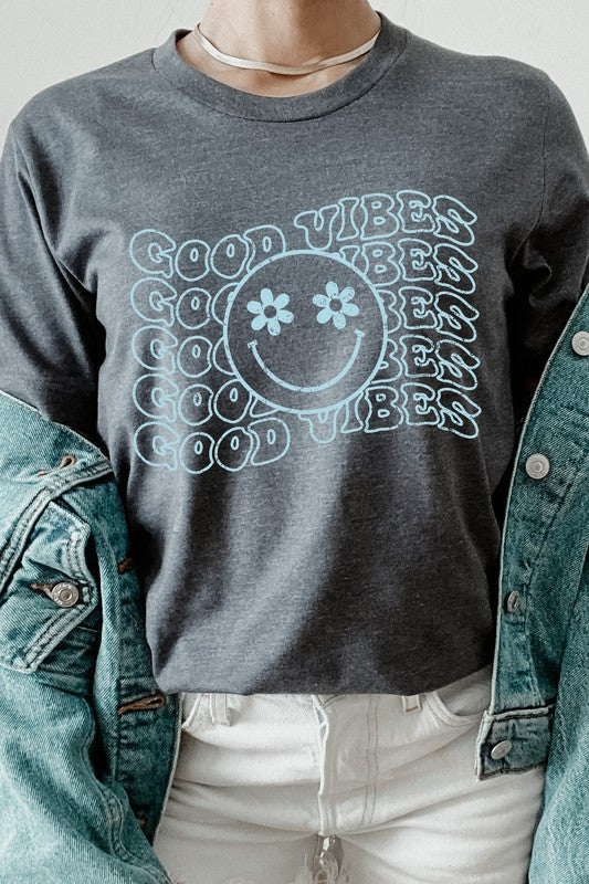 Good Vibes Flower Eyes Smiley Summer Graphic Tee T-Shirt