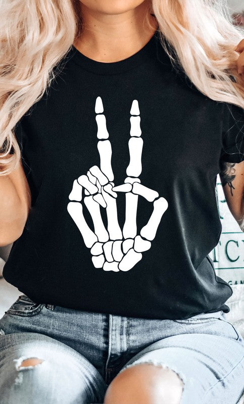 Skeleton Peace Sign Graphic Tee T-Shirt