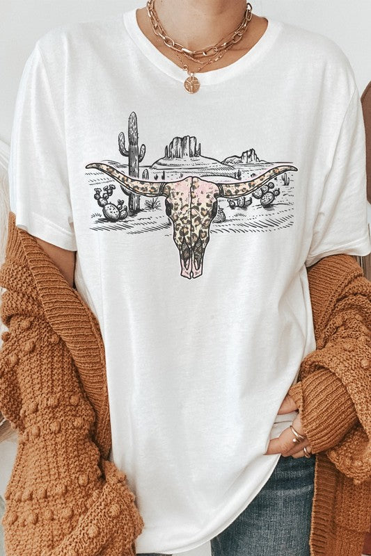 Longhorn Skull Western Desert Scene Graphic Tee T-Shirt