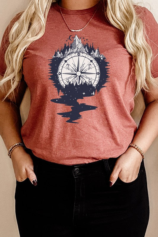 Compass Mountains Forest Night Sky Graphic Tee