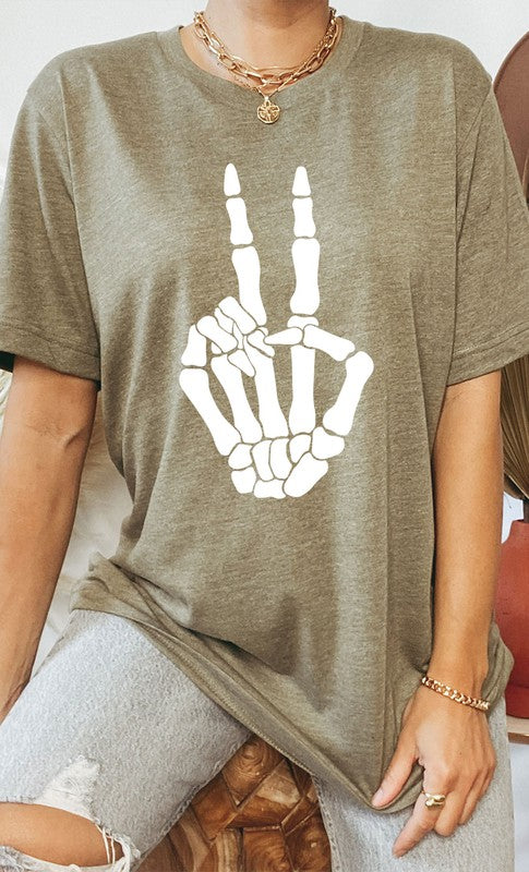 Skeleton Peace Sign Graphic Tee T-Shirt