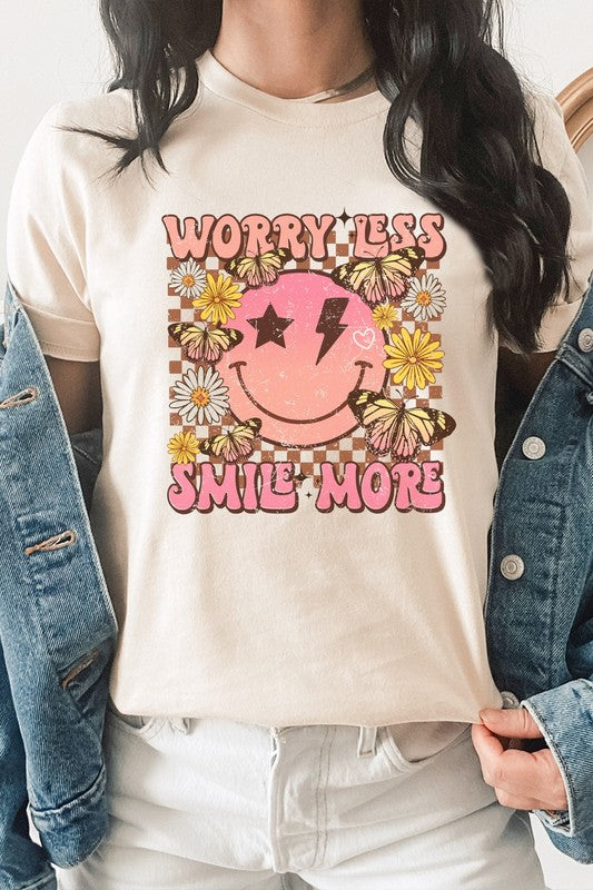 Worry Less Smile More Smiley Checkered Graphic Tee