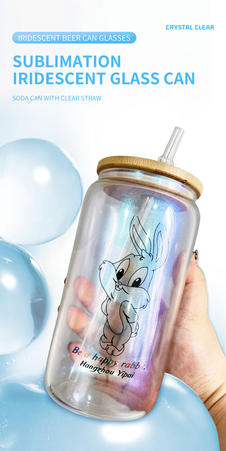 16oz Sublimation blank Holographic iridescent Glitter glass Jar Cans Tumblers (Includes Bamboo Lid & Straw)