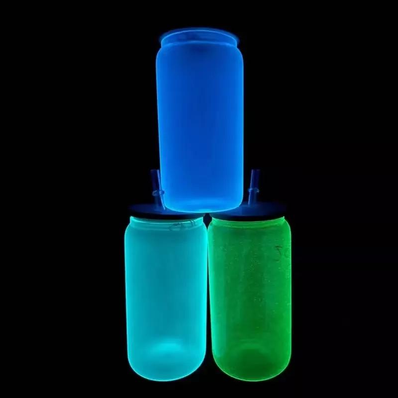 16oz Sublimation Blank Glow in Dark Iridescent Glitter Glass Jar Cans Tumblers (Includes Bamboo Lid Straw), Green