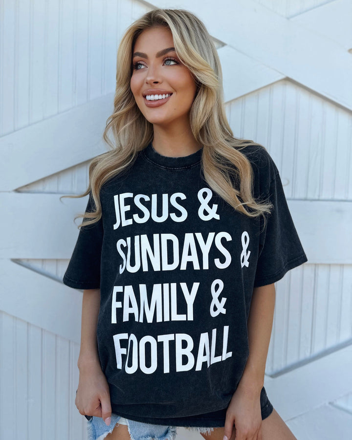 Mineral-Wash “Jesus & Sundays & Family & Football” Black Tee