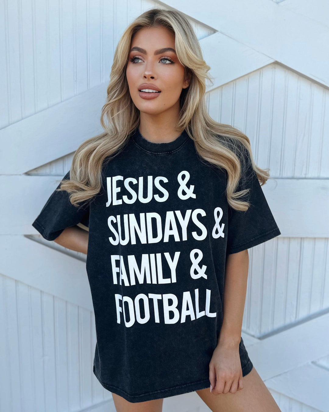 Mineral-Wash “Jesus & Sundays & Family & Football” Black Tee
