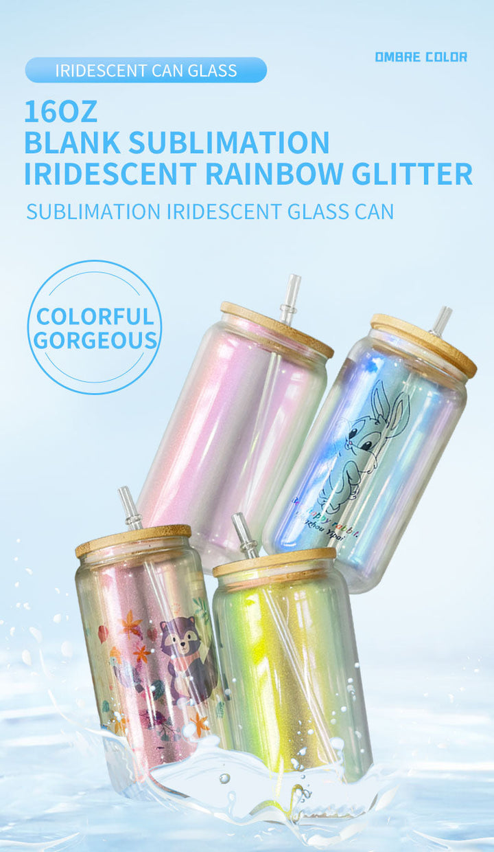 16oz Sublimation blank Holographic iridescent Glitter glass Jar Cans Tumblers (Includes Bamboo Lid & Straw)