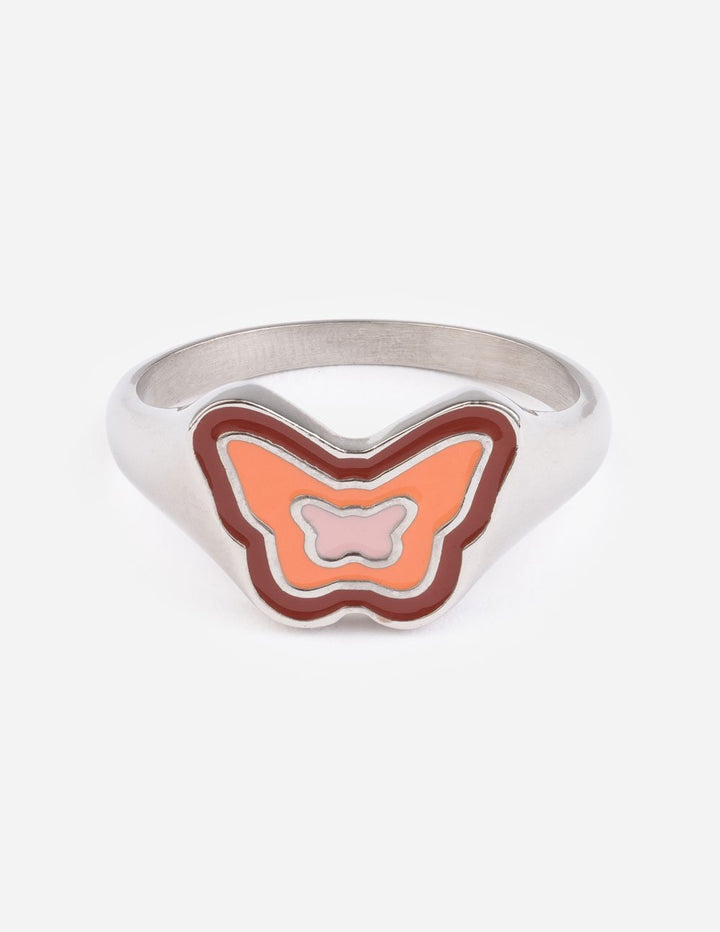 Pink Enamel Silver Butterfly Ring